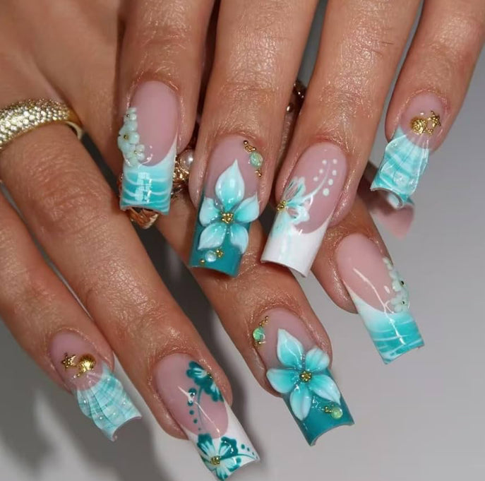 Teal Bouquet Nail Set